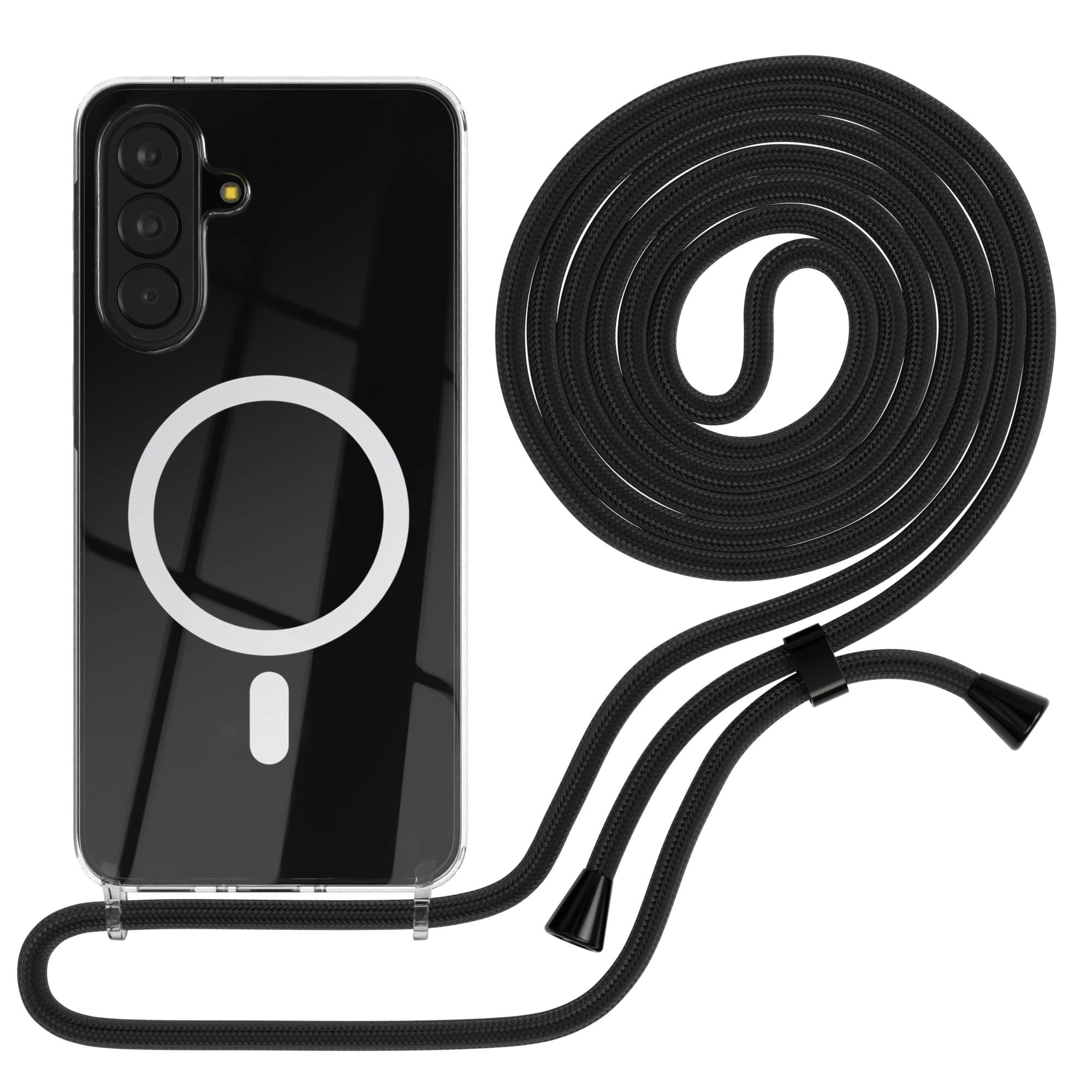 Samsung Galaxy A37 transparente Handykette mit MagSafe Technologie Kordel #farbe_schwarz-clips-silber