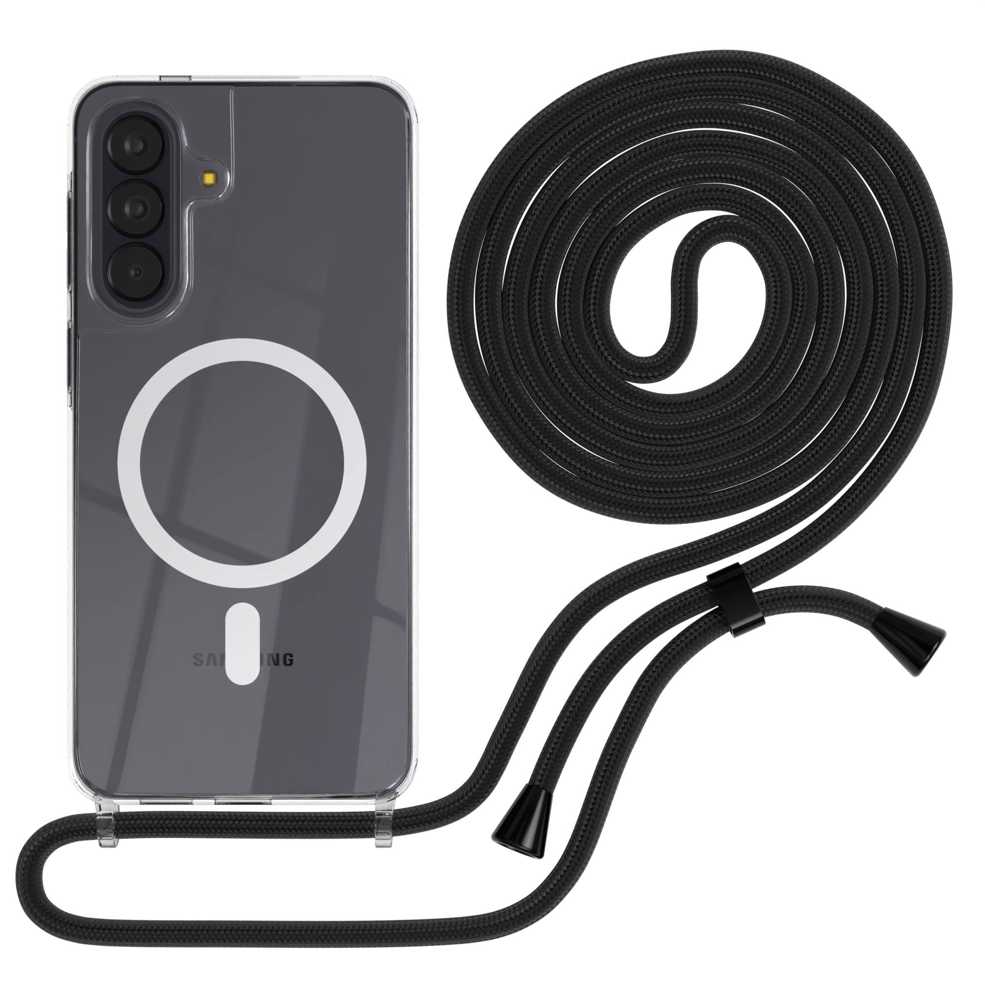 Samsung Galaxy A57 transparente Handykette mit MagSafe und verstellbarer Kordel #farbe_schwarz-clips-silber