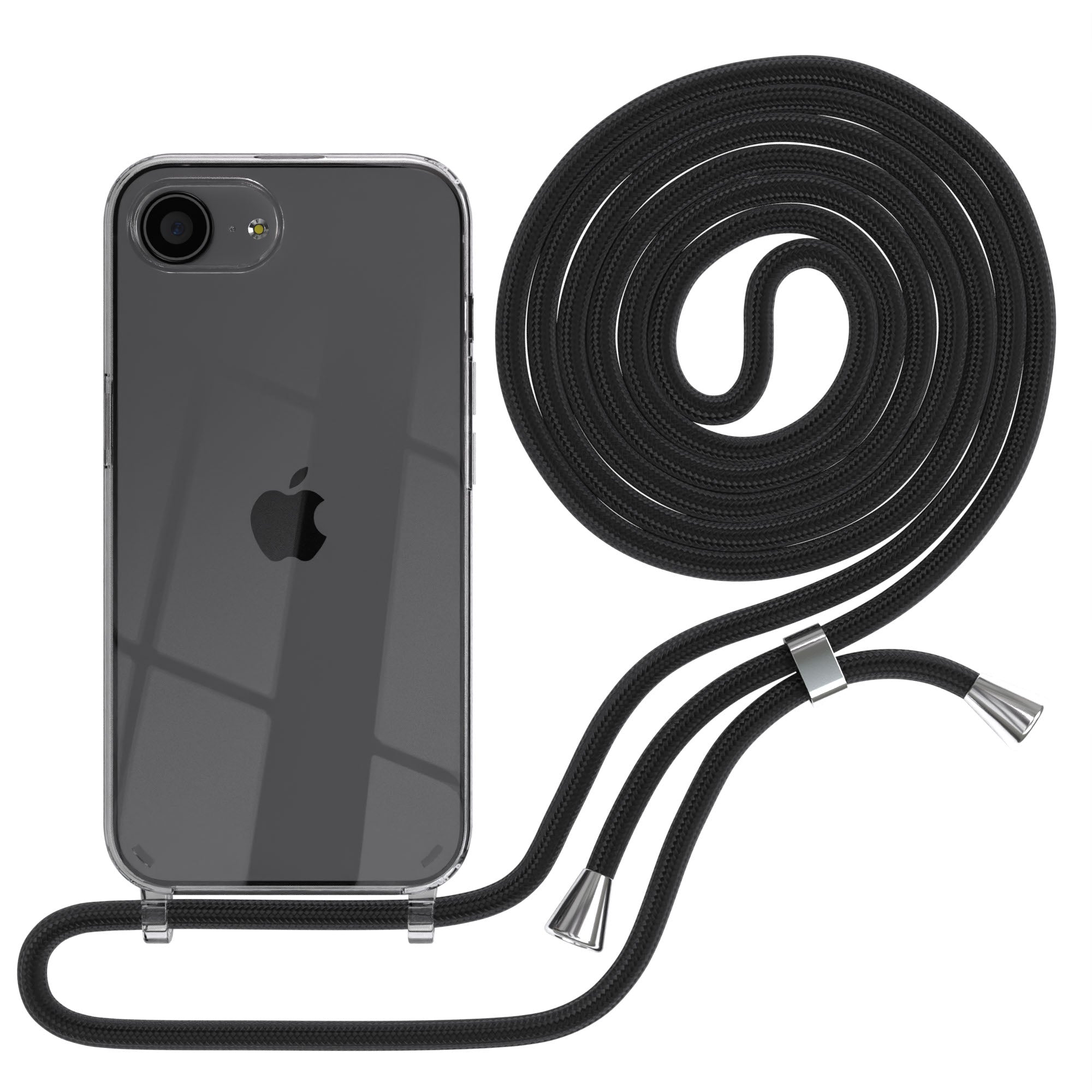 Apple iPhone 17e transparente Handykette mit TPU Hülle und verstellbarer Kordel #farbe_schwarz-clips-silber