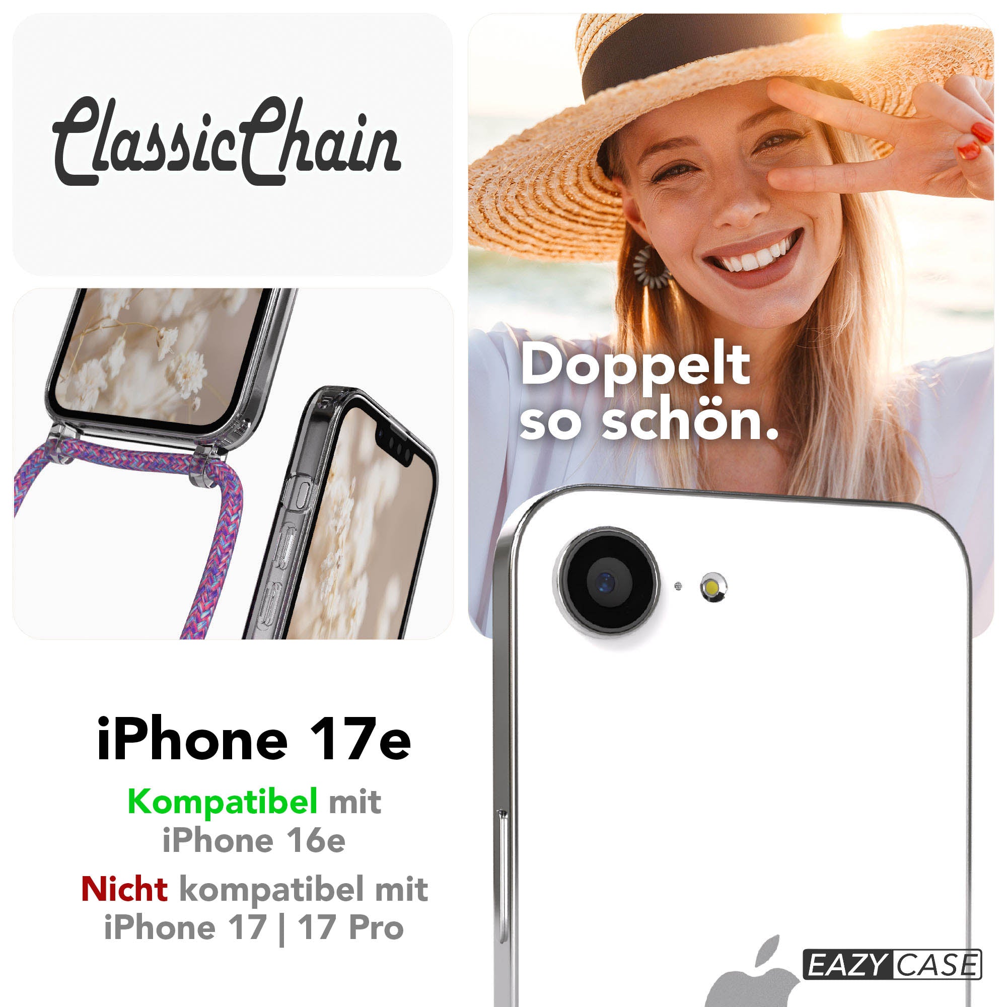 Apple iPhone 17e transparente Handykette mit TPU Hülle und verstellbarer Kordel 