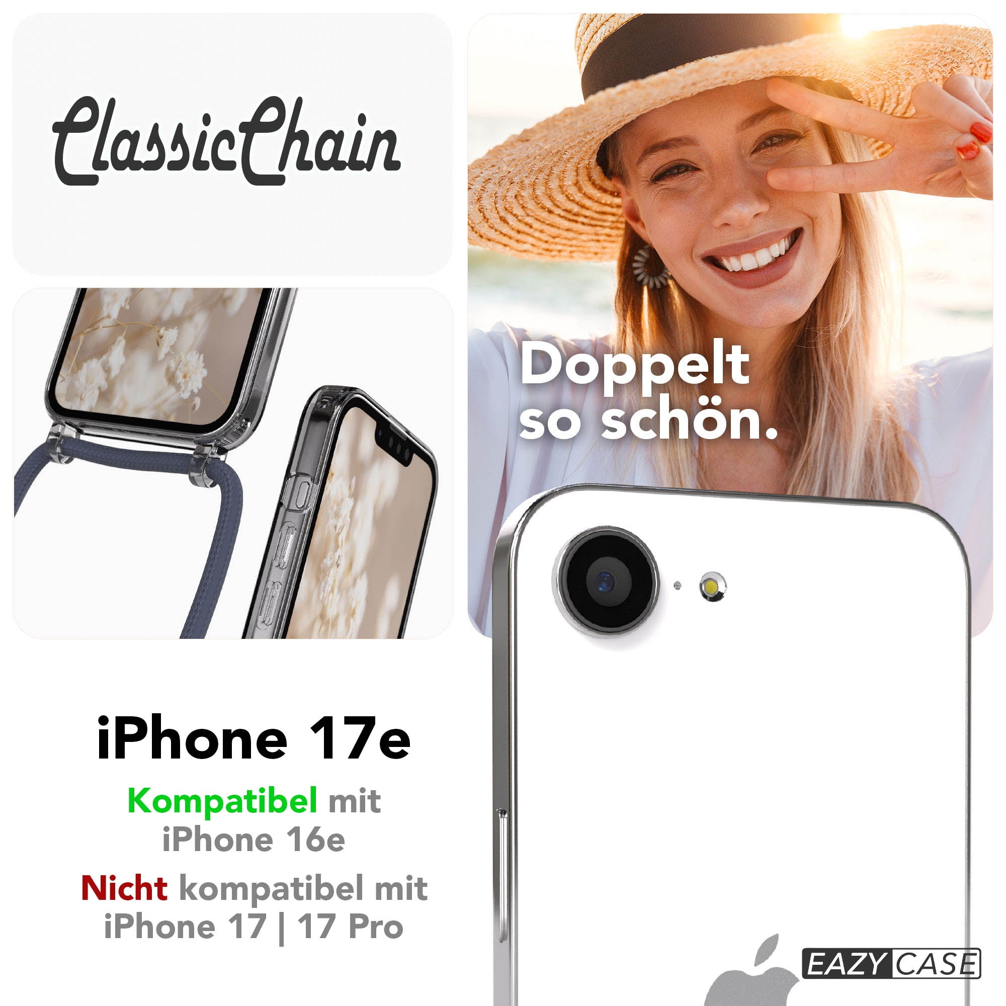 Apple iPhone 17e transparente Handykette mit TPU Hülle und verstellbarer Kordel 