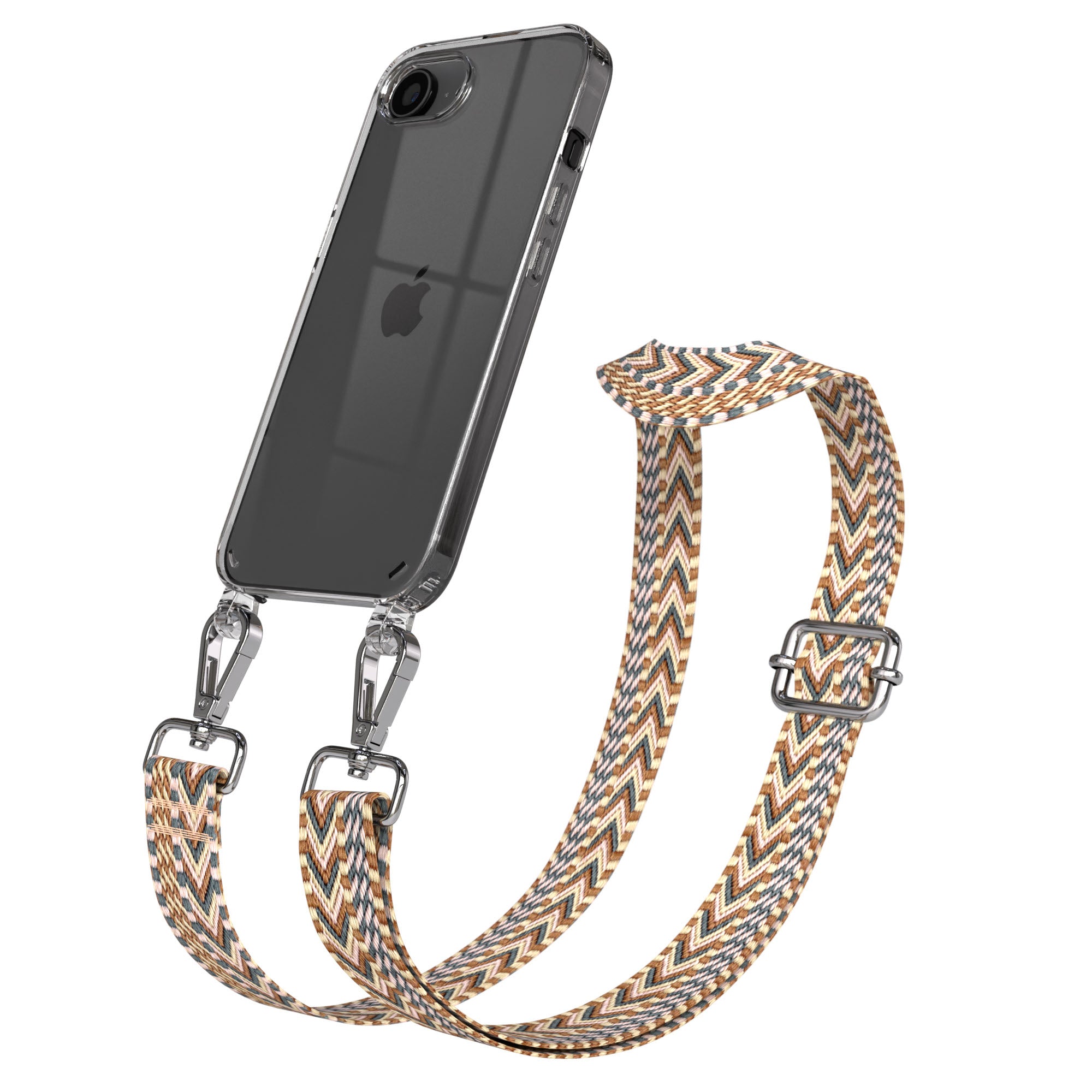iPhone 17e Handykette mit Boho Band verstellbarer Trageriemen EAZY CASE #farbe_hellbraun-braun-metallfarbe-silber