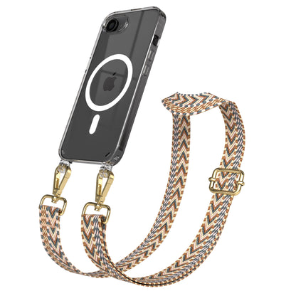 iPhone 17e MagSafe Handykette mit Boho Band verstellbar #farbe_hellbraun-braun-metallfarbe-gold