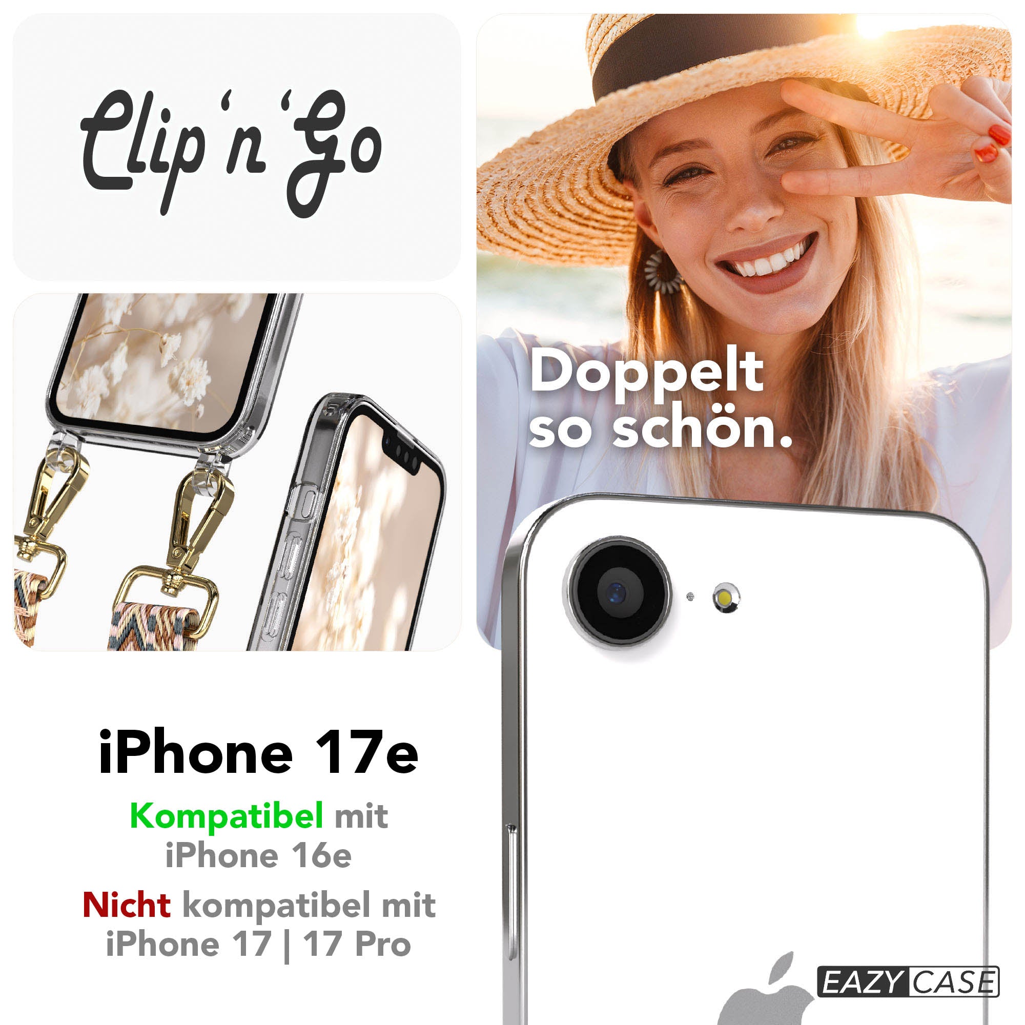iPhone 17e MagSafe Handykette mit Boho Band verstellbar #farbe_hellbraun-braun-metallfarbe-gold