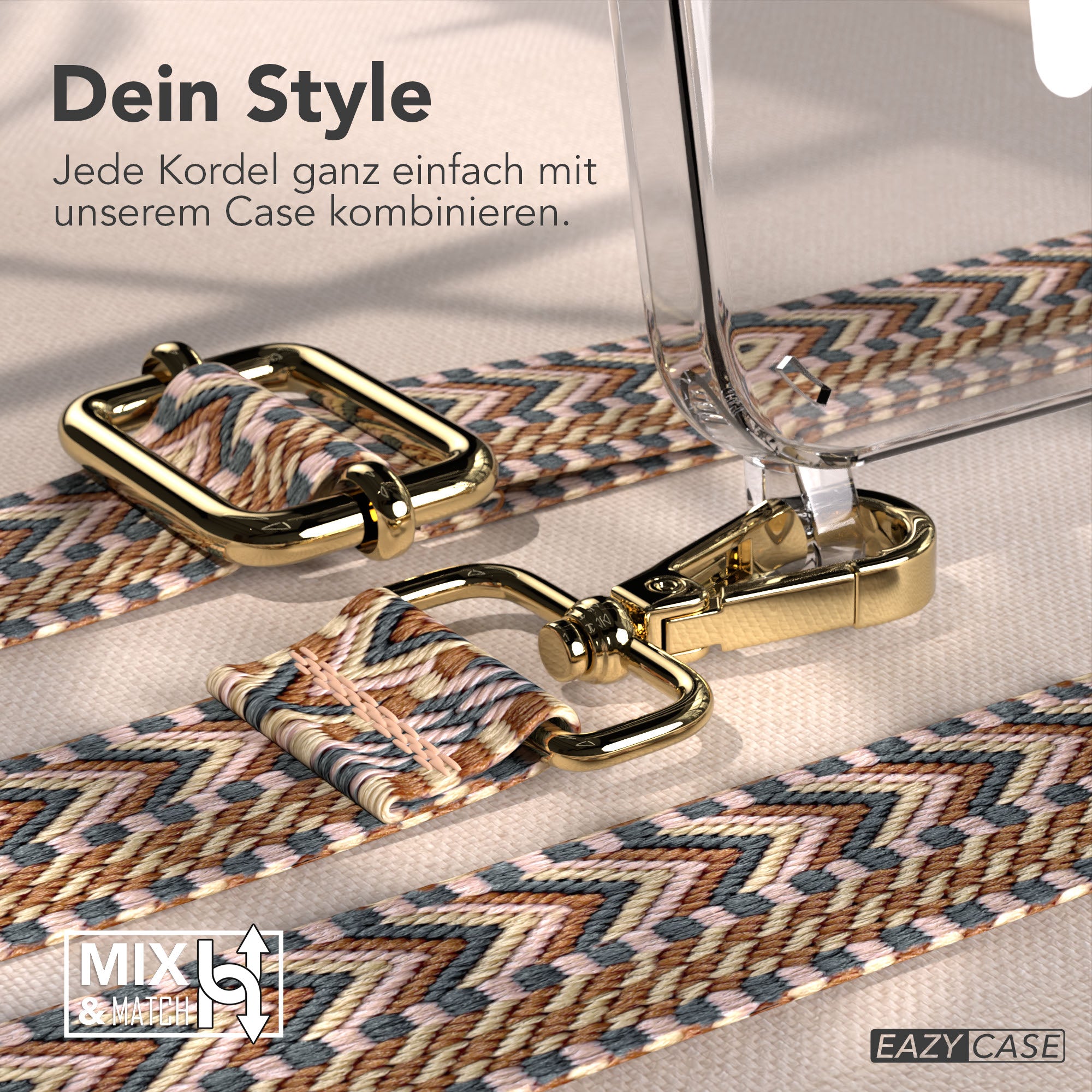iPhone 17e MagSafe Handykette mit Boho Band verstellbar #farbe_hellbraun-braun-metallfarbe-gold
