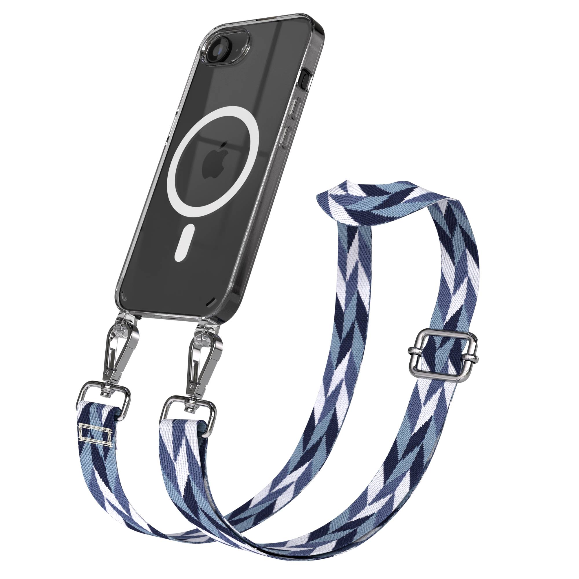 iPhone 17e MagSafe Handykette mit verstellbarem Boho Band von EAZY CASE #farbe_blau-mix-metallfarbe-silber