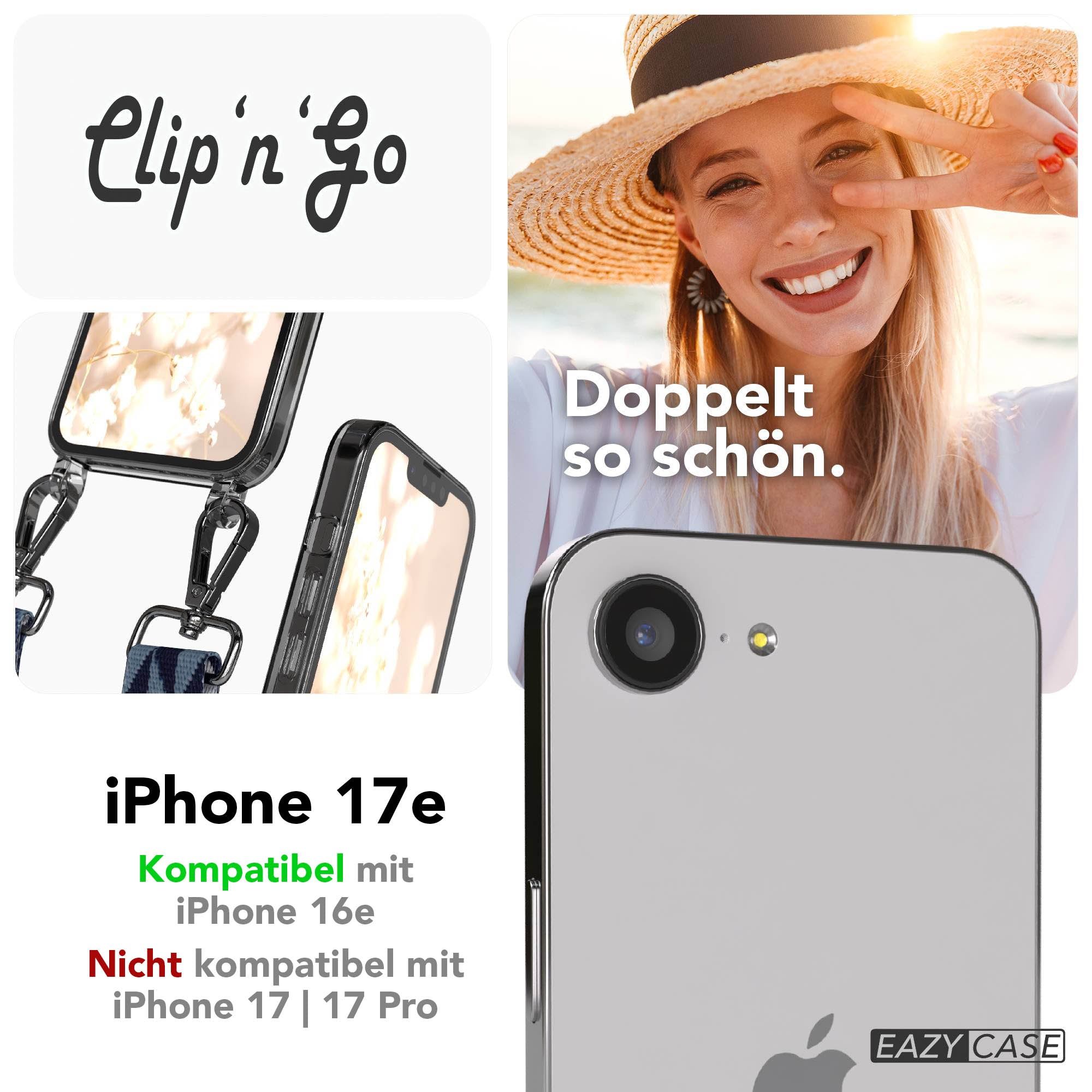 iPhone 17e MagSafe Handykette mit verstellbarem Boho Band von EAZY CASE #farbe_blau-mix-metallfarbe-silber