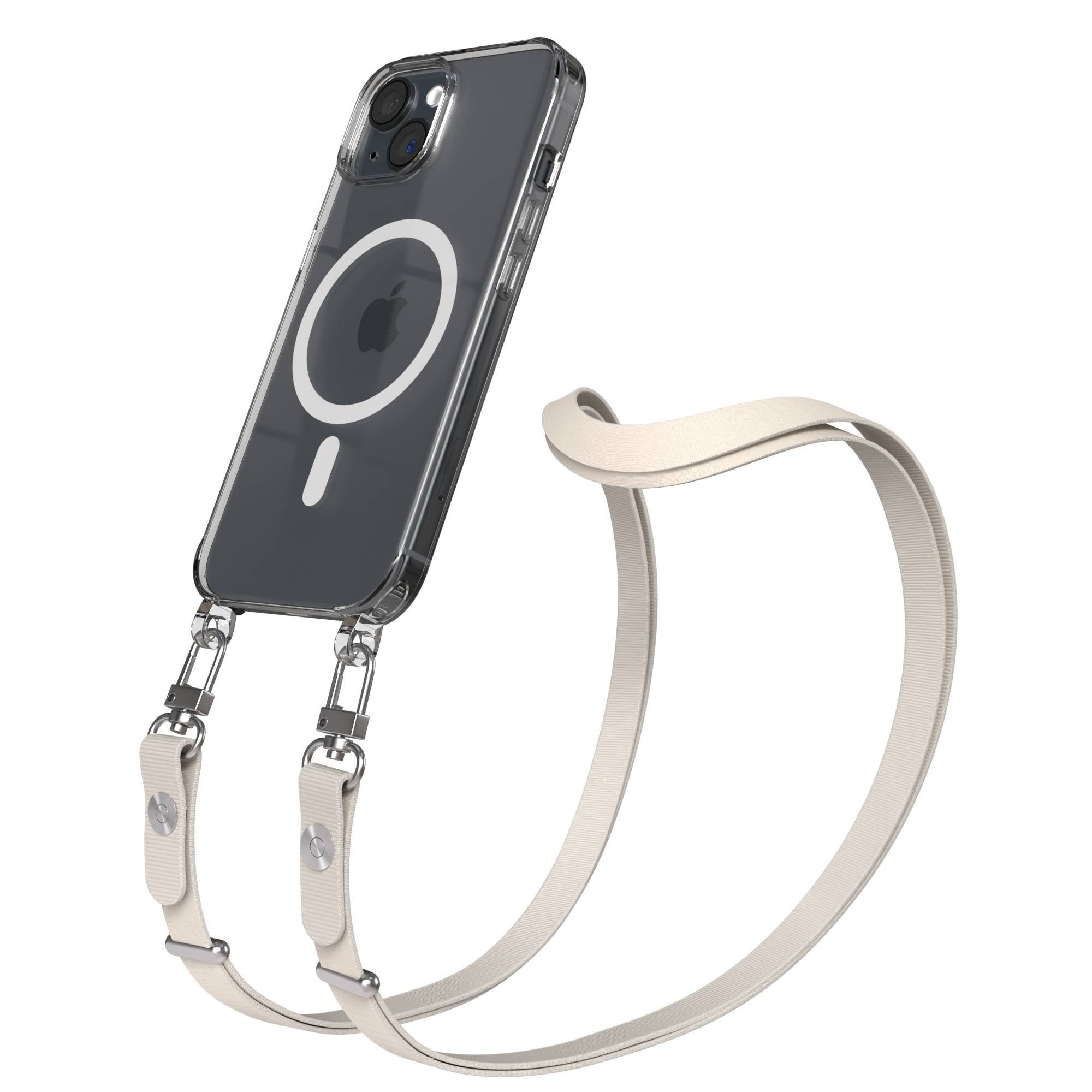 Apple iPhone 15 MagSafe Hülle mit magnetischem Crossbody-Umhängegurt Set #farbe_taupe-magsafe-funktion-mit-magsafe