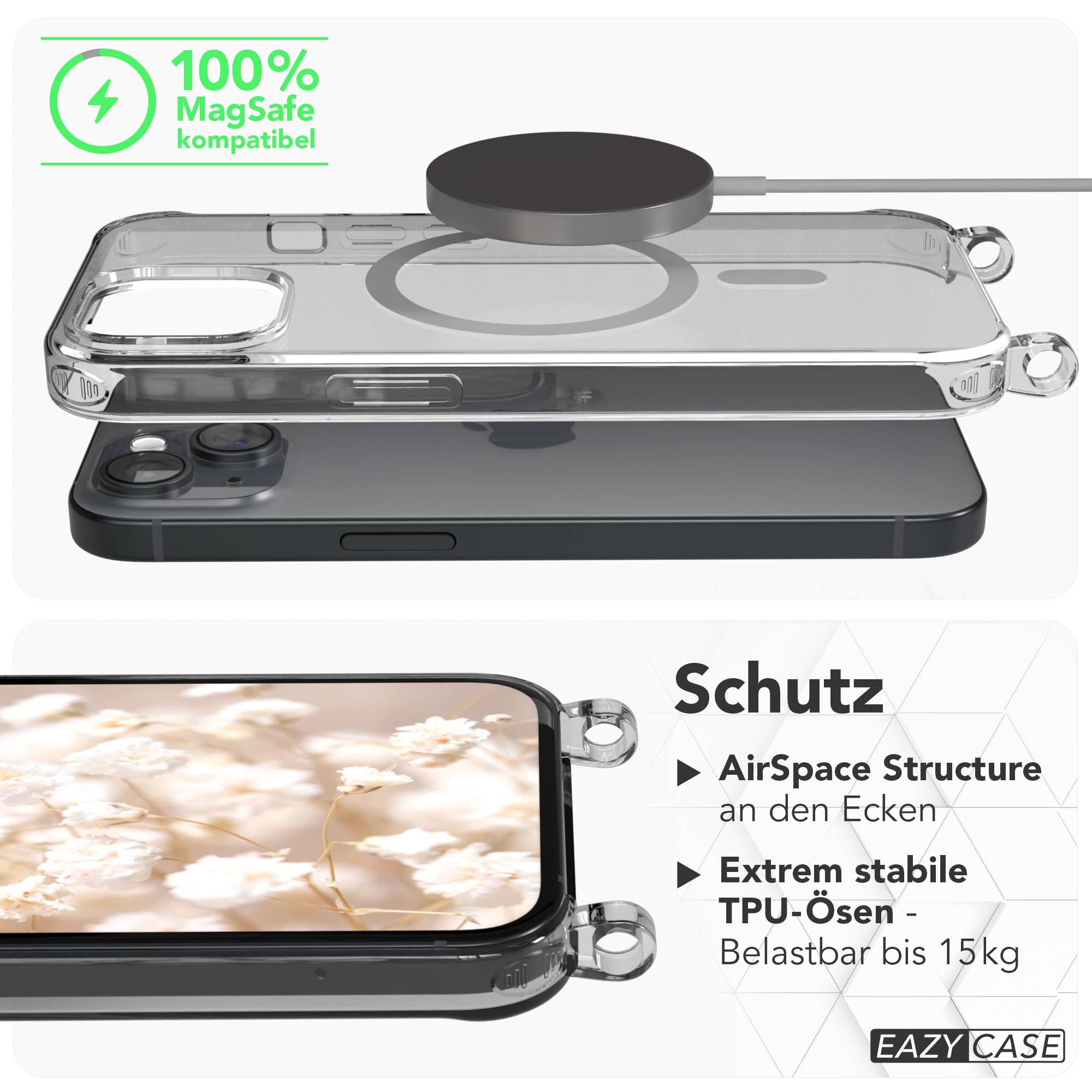 Apple iPhone 15 MagSafe Hülle mit magnetischem Crossbody-Umhängegurt Set #farbe_taupe-magsafe-funktion-mit-magsafe