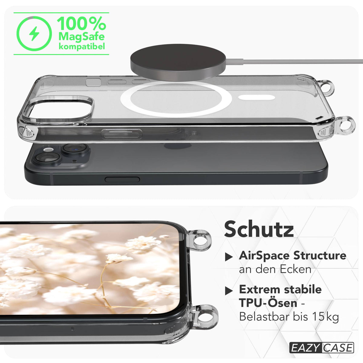 iPhone 15 Plus MagSafe Hülle mit magnetischem Crossbody-Umhängeband #farbe_grau-magsafe-funktion-mit-magsafe