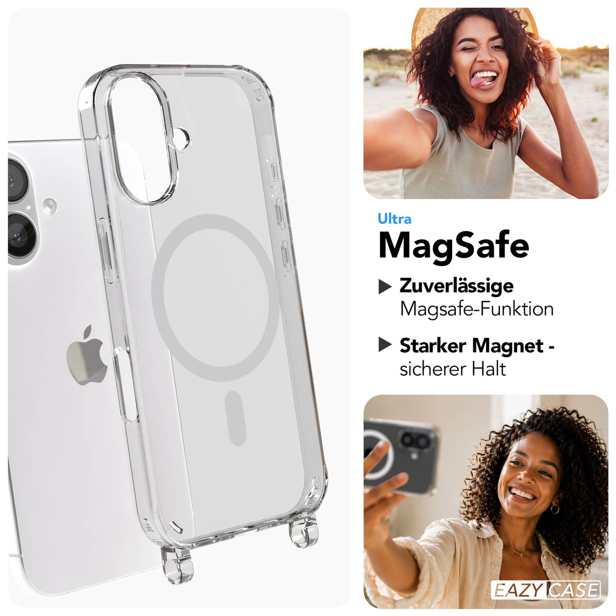 Apple iPhone 16 MagSafe Hülle mit magnetischer Crossbody Handykette Set #farbe_grau-magsafe-funktion-mit-magsafe