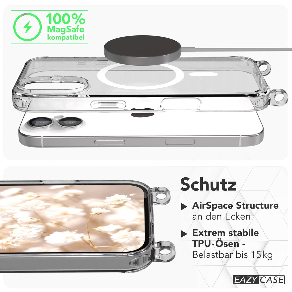 Apple iPhone 16 MagSafe Hülle mit magnetischer Crossbody Handykette Set #farbe_grau-magsafe-funktion-mit-magsafe