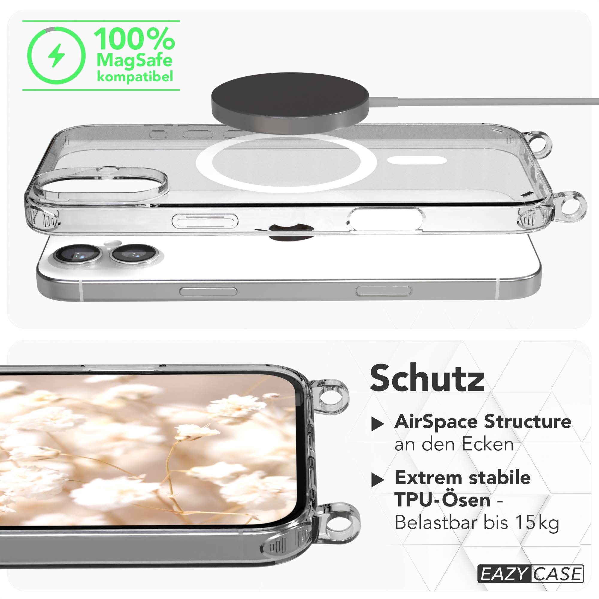 iPhone 16 Plus MagSafe Hülle mit magnetischem Crossbody-Umhängeband von EAZY CASE #farbe_taupe-magsafe-funktion-mit-magsafe