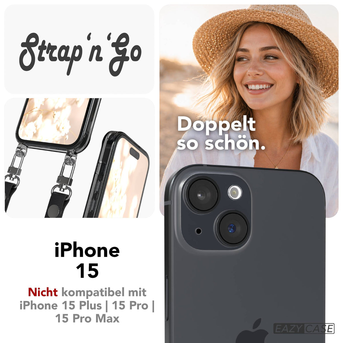 Apple iPhone 15 MagSafe Hülle mit magnetischem Crossbody-Umhängegurt Set #farbe_schwarz-magsafe-funktion-ohne-magsafe