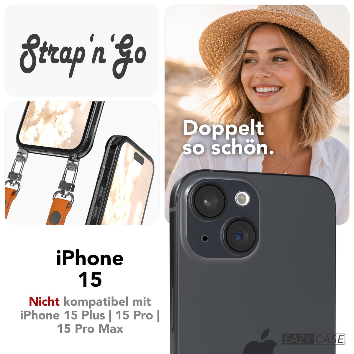 Apple iPhone 15 MagSafe Hülle mit magnetischem Crossbody-Umhängegurt Set #farbe_orange-magsafe-funktion-ohne-magsafe