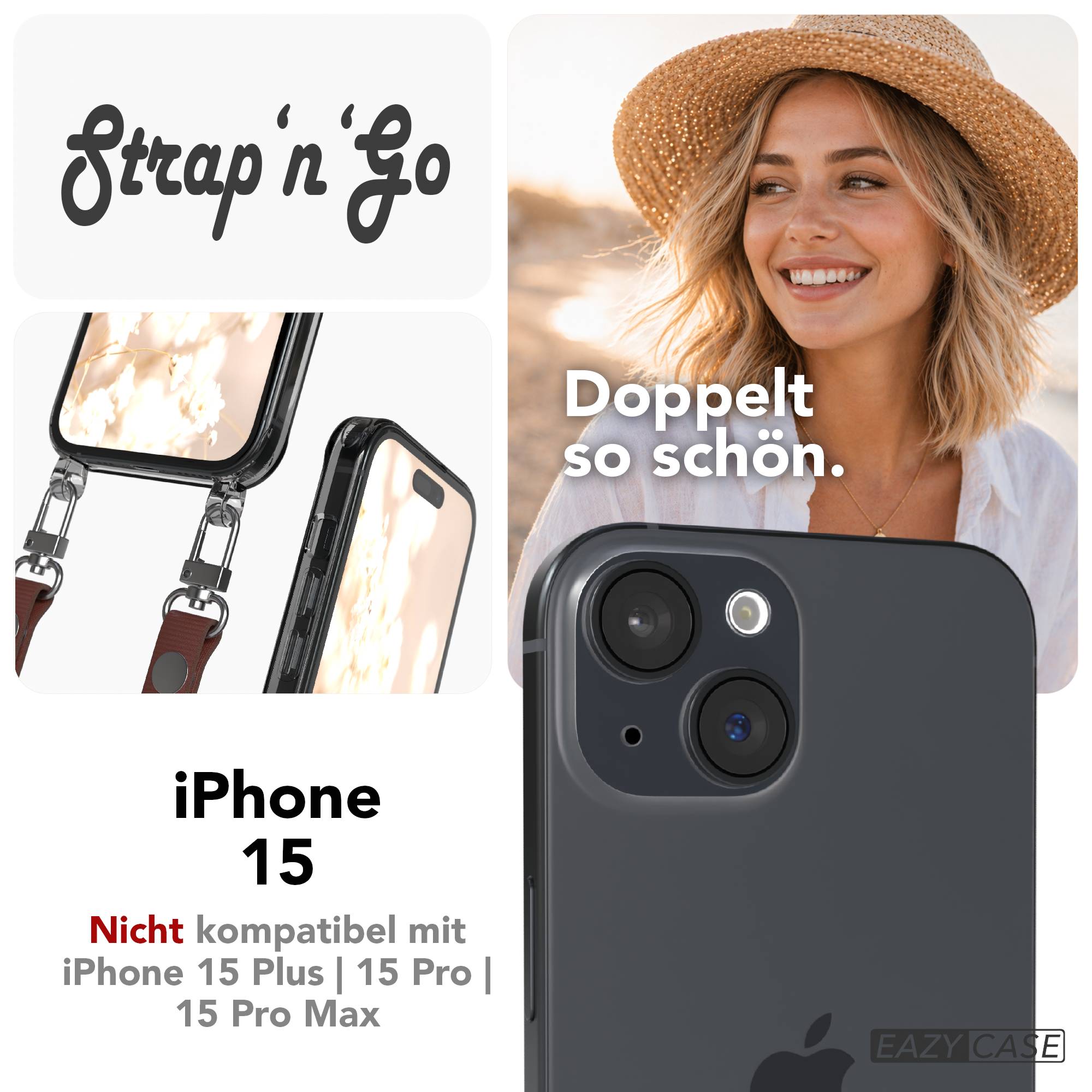 Apple iPhone 15 MagSafe Hülle mit magnetischem Crossbody-Umhängegurt Set #farbe_braun-magsafe-funktion-ohne-magsafe