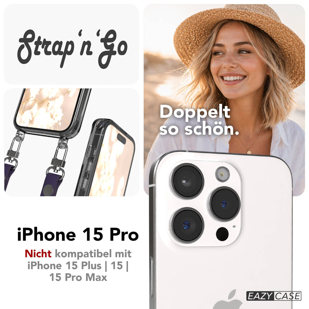 iPhone 15 Pro MagSafe Hülle mit magnetischer Crossbody Handykette von EAZY CASE #farbe_lila-magsafe-funktion-ohne-magsafe