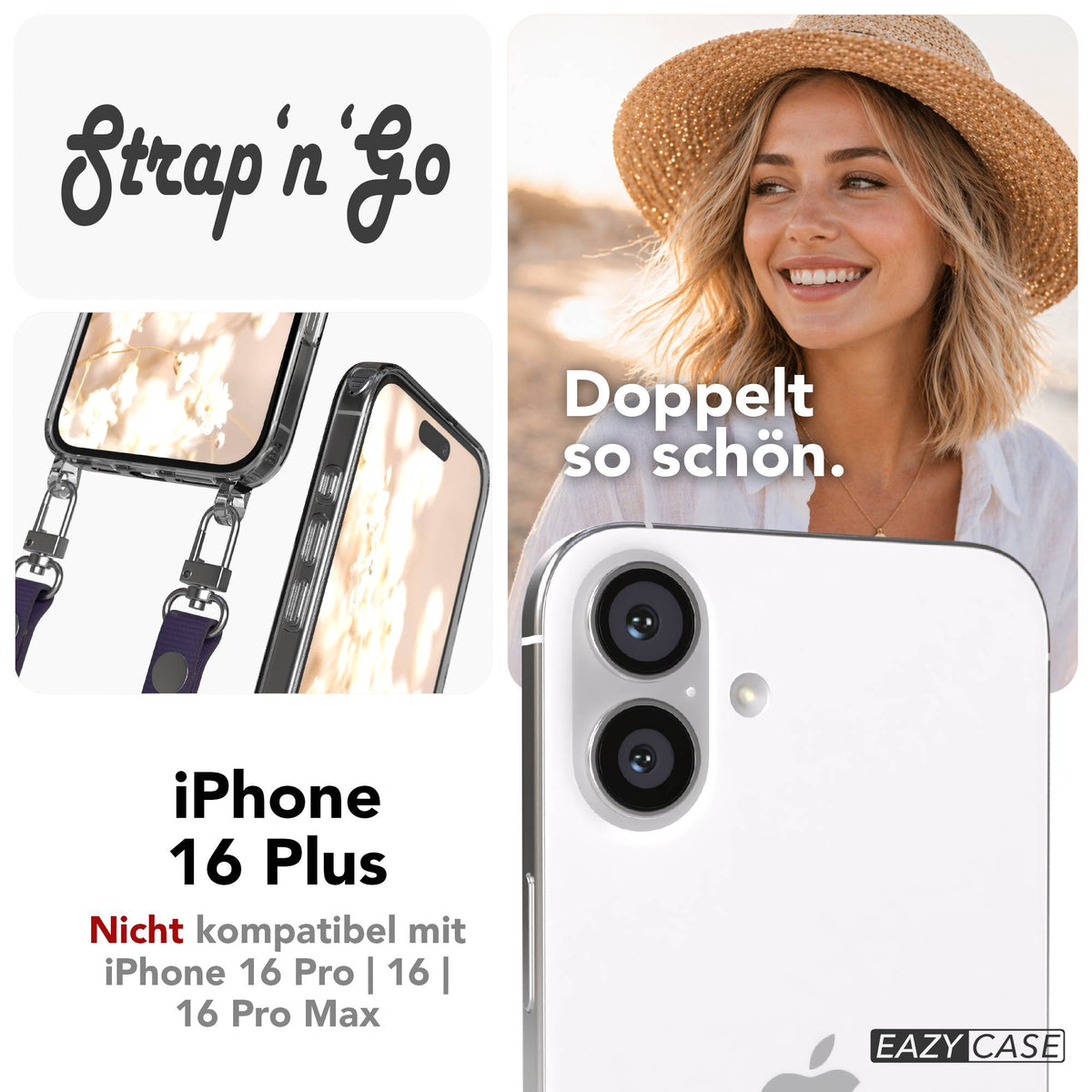 iPhone 16 Plus MagSafe Hülle mit magnetischem Crossbody-Umhängeband von EAZY CASE #farbe_lila-magsafe-funktion-ohne-magsafe