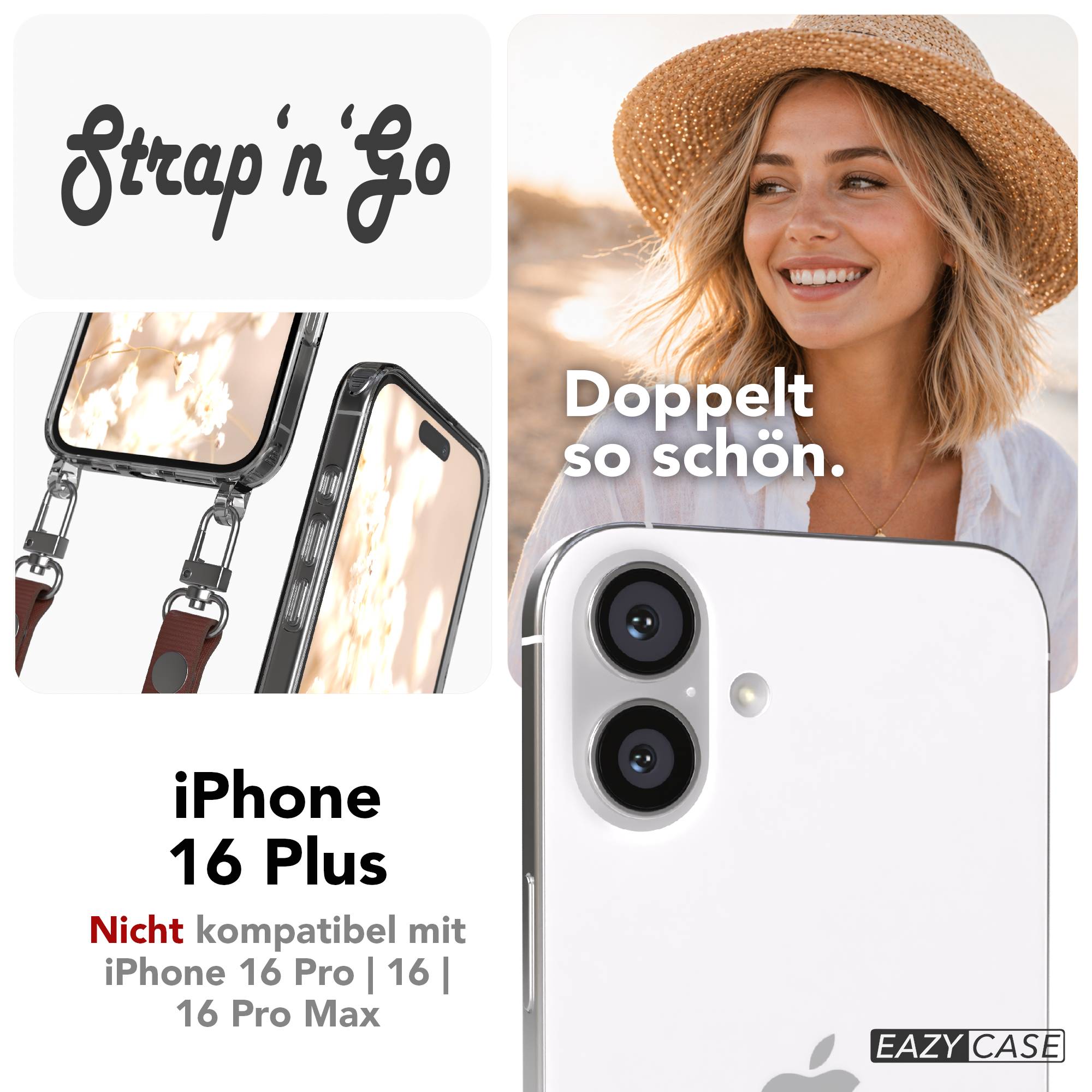 iPhone 16 Plus MagSafe Hülle mit magnetischem Crossbody-Umhängeband von EAZY CASE #farbe_braun-magsafe-funktion-ohne-magsafe