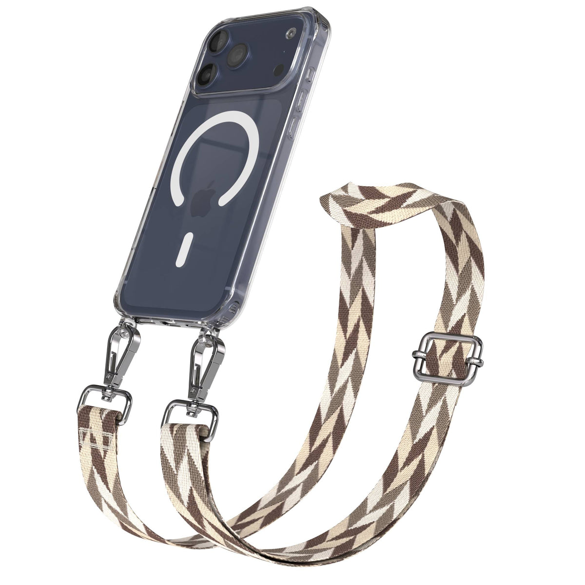 iPhone 17 Pro Max MagSafe Hülle mit verstellbarer Handykette im Boho-Design #farbe_braun-taupe-mix-metallfarbe-silber