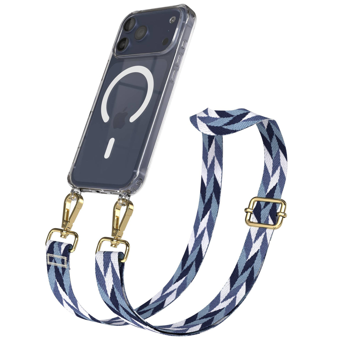 iPhone 17 Pro Max MagSafe Hülle mit verstellbarer Handykette im Boho-Design #farbe_blau-mix-metallfarbe-gold