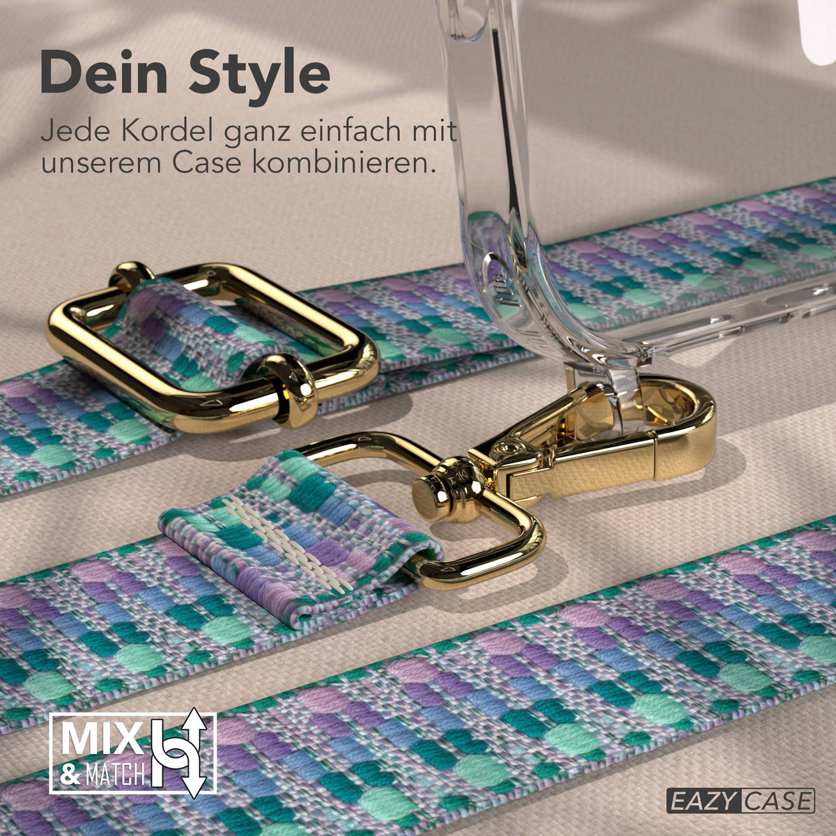 iPhone 17 Pro Max MagSafe Hülle mit verstellbarer Handykette im Boho-Design #farbe_einhorn-metallfarbe-gold
