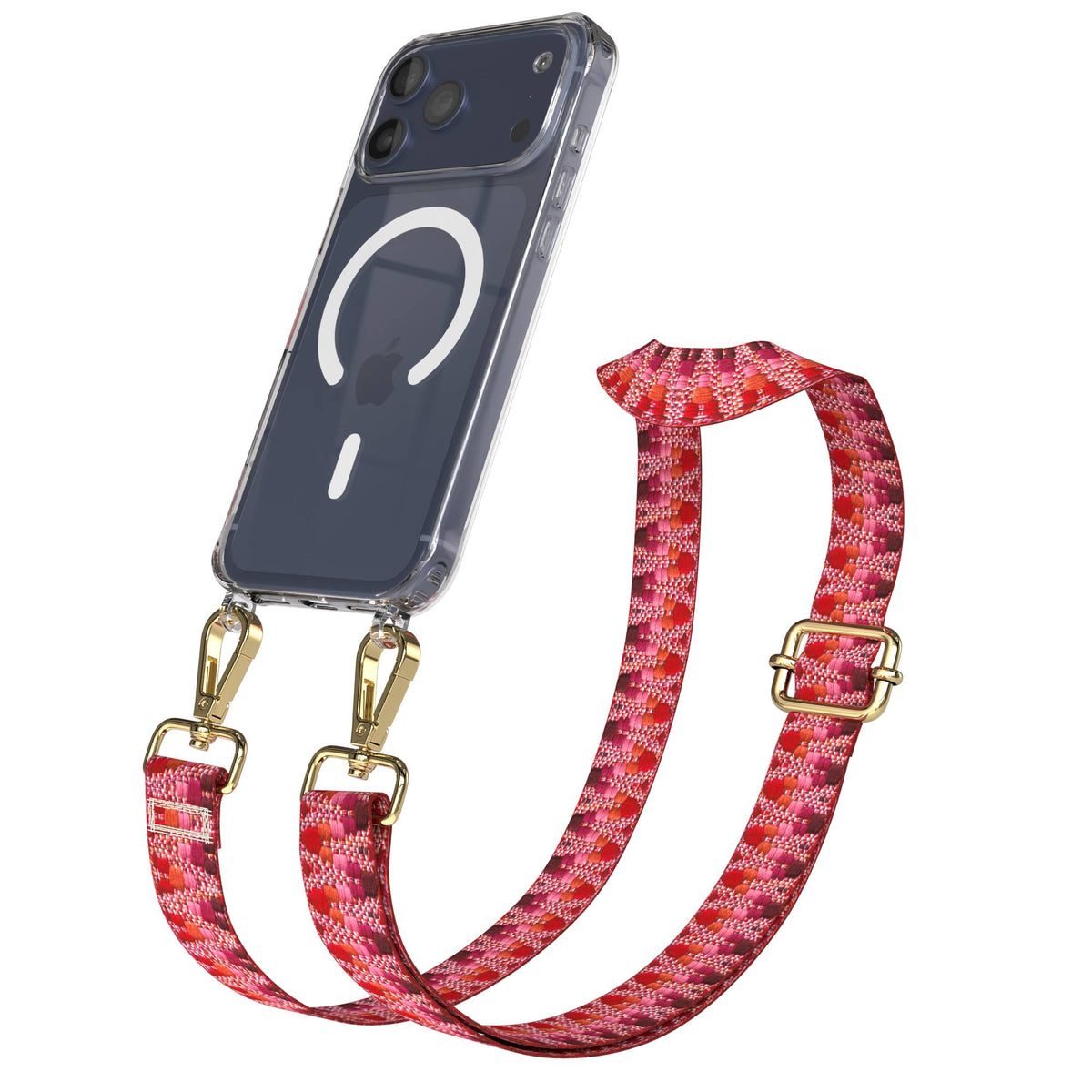 iPhone 17 Pro Max MagSafe Hülle mit verstellbarer Handykette im Boho-Design #farbe_beere-metallfarbe-gold