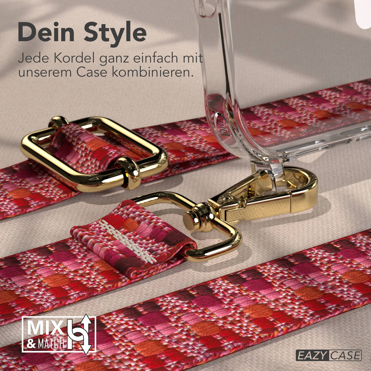 iPhone 17 Pro Max MagSafe Hülle mit verstellbarer Handykette im Boho-Design #farbe_beere-metallfarbe-gold