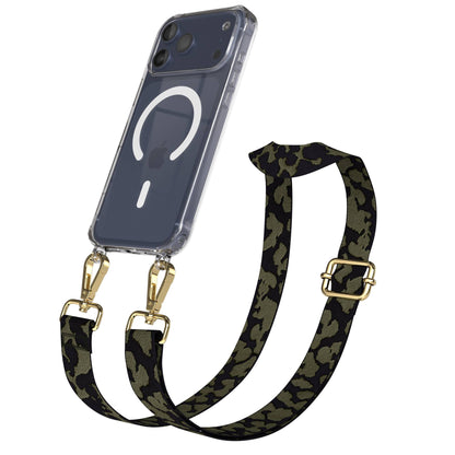iPhone 17 Pro Max MagSafe Hülle mit verstellbarer Handykette im Boho-Design #farbe_dunkelgrun-camouflage-metallfarbe-gold