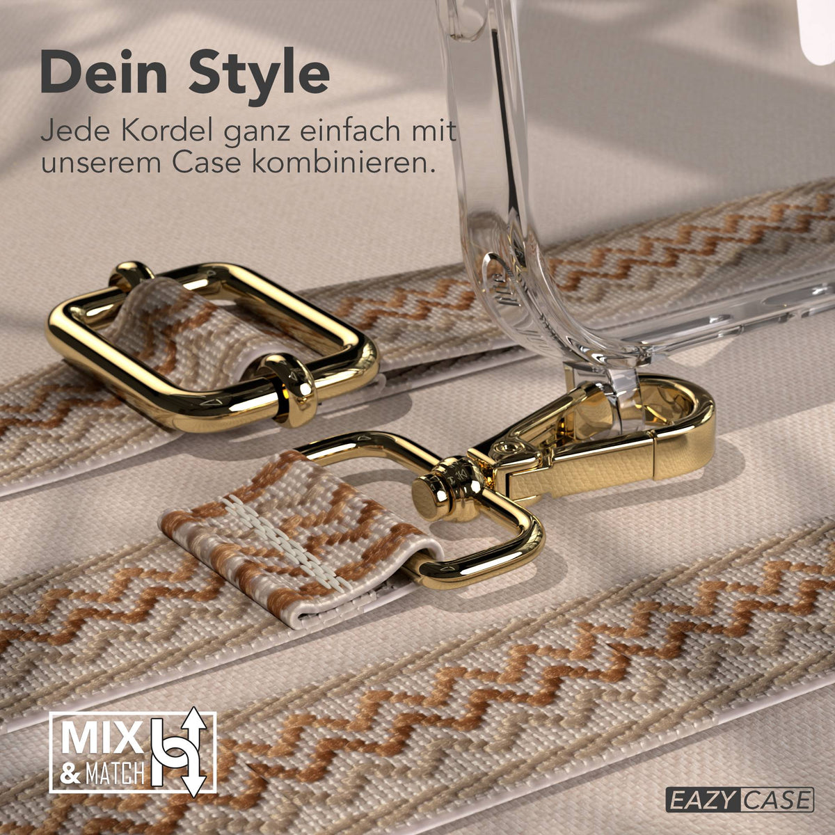 EAZY CASE MagSafe Handykette mit Boho Band für iPhone 17 Pro Max #farbe_beige-wellen-metallfarbe-gold