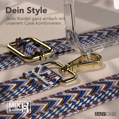 EAZY CASE MagSafe Handykette mit Boho Band für iPhone 17 Pro Max #farbe_blau-weis-metallfarbe-gold
