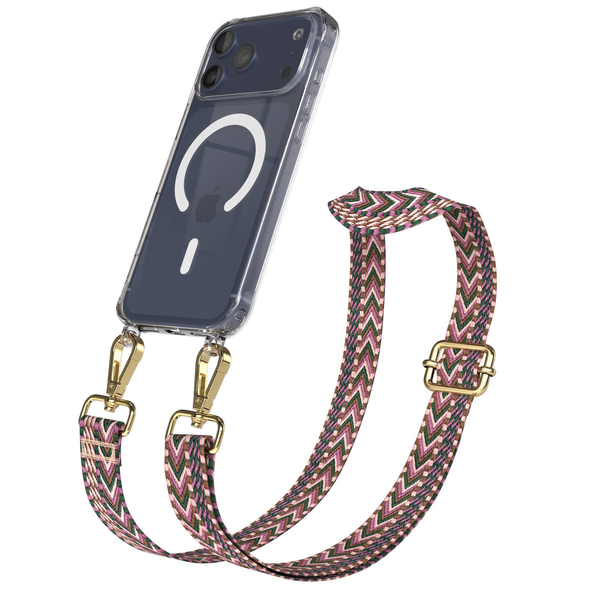 EAZY CASE MagSafe Handykette mit Boho Band für iPhone 17 Pro Max #farbe_beere-rosa-metallfarbe-gold