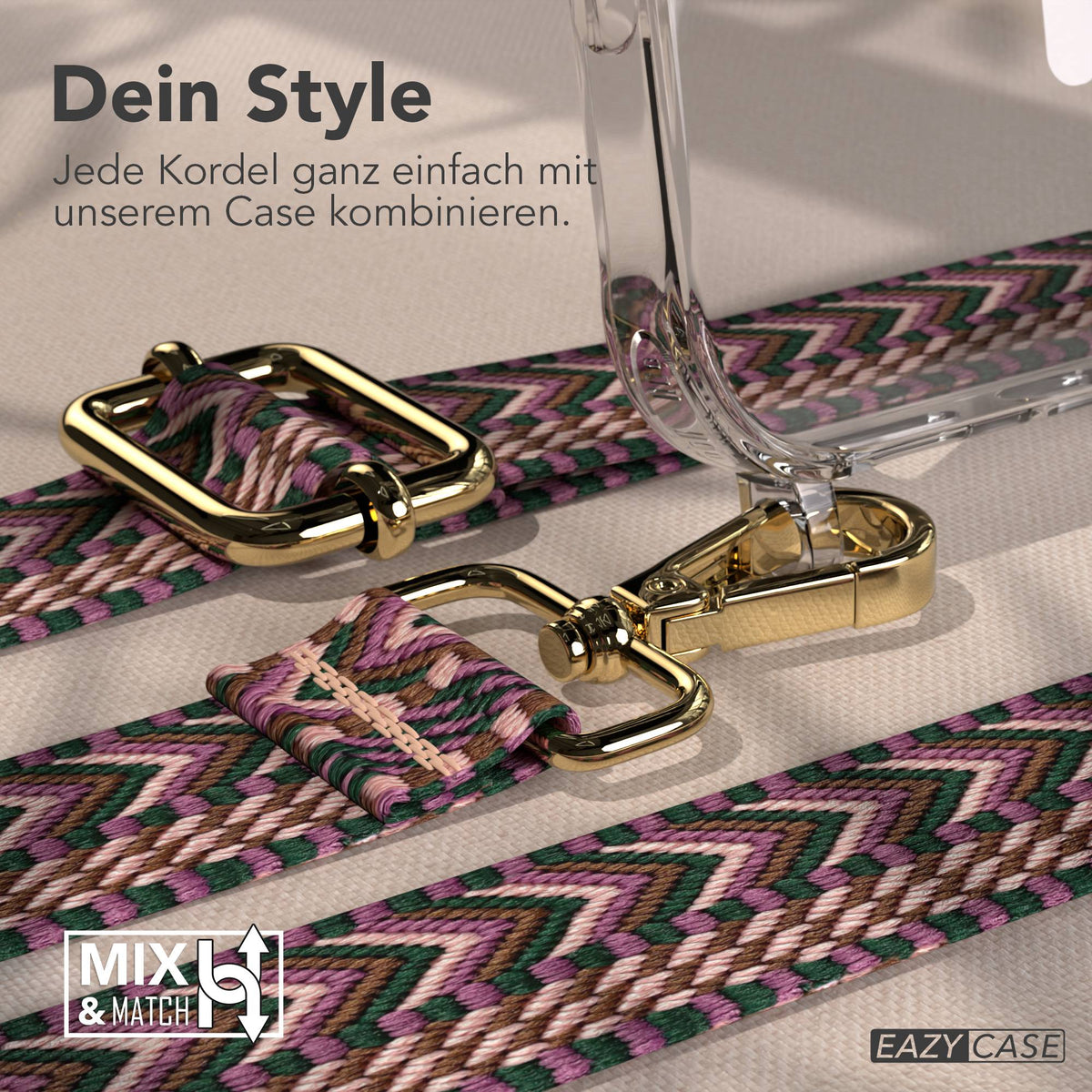 EAZY CASE MagSafe Handykette mit Boho Band für iPhone 17 Pro Max #farbe_beere-rosa-metallfarbe-gold